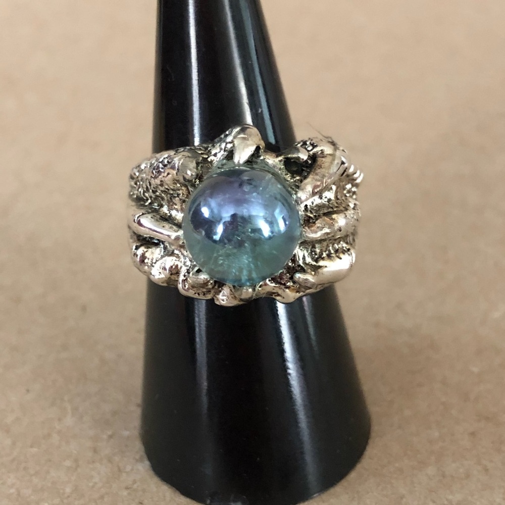 Aqua Aura Quartz Dragon Claw Ring